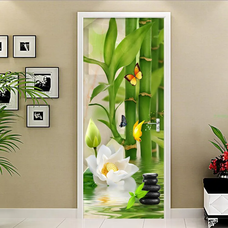 3D-sticker Chinese stijl groene bamboe foto behang woonkamer studie keuken deur sticker PVC zelfklevende waterdichte decor 210317