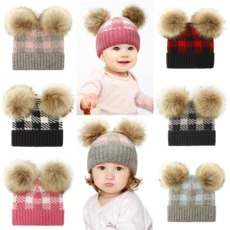 Winter Baby Knitted Caps infants Crochet Beanies Party Favor Hats Double Fur Ball Plaid Hat Children Knit Outdoor Cap T9I001634