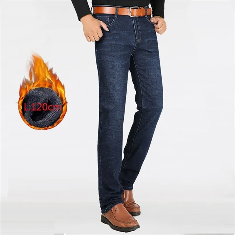 Homens jeans de inverno reta grossa quente extra longo grande vestuário grande vestuário calças de denim macho cowboy calças negras homens jeans lã 210319