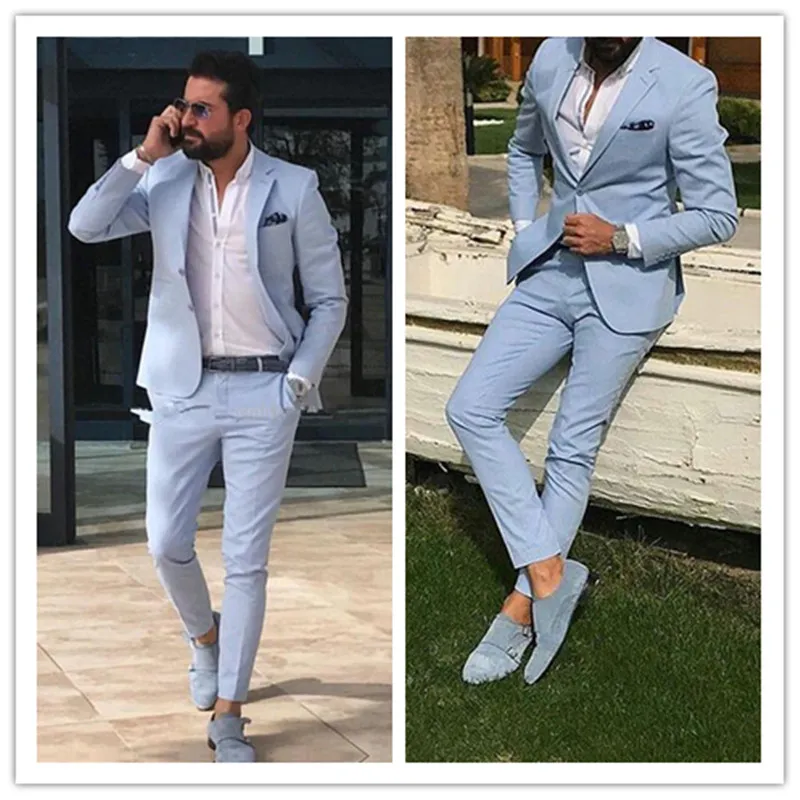 Light Sky Blue Slim Fit Mens Prom Suits Notched Lapel Groomsmen Beach Wedding Tuxedos