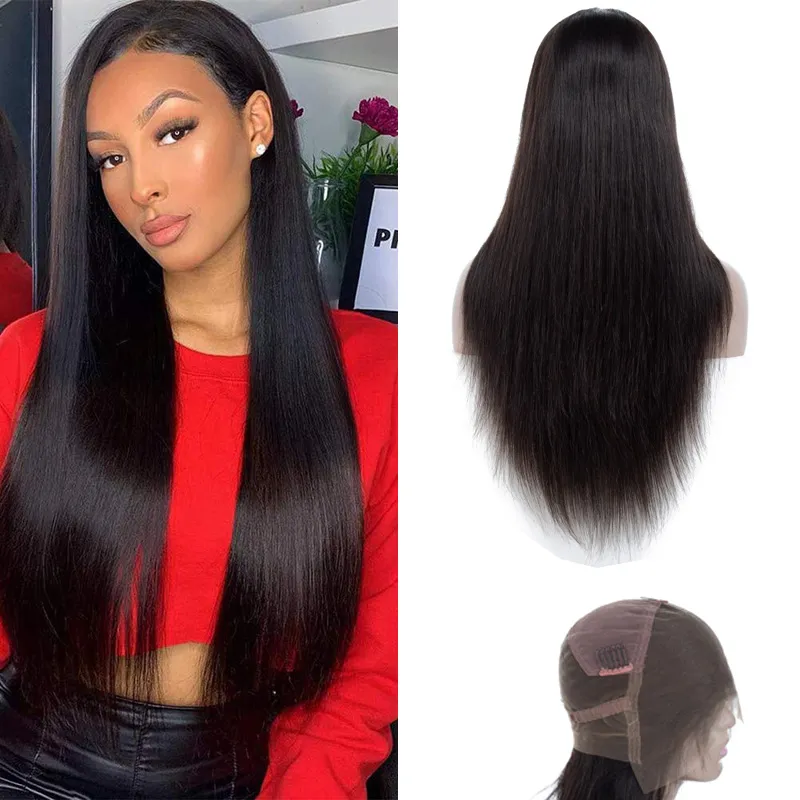 Perruque Full Lace Wig naturelle malaisienne, cheveux lisses et soyeux, densité réglable de 180%, 16 à 28 pouces, partie libre