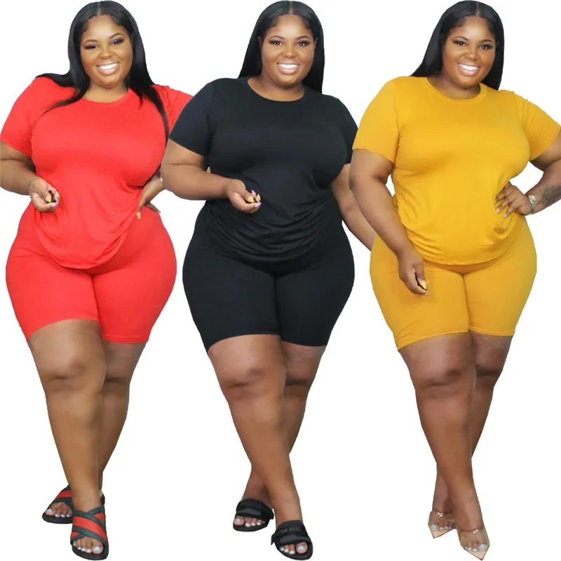 Des Survetements Dete De Taille Plus Pour Les Femmes Des Ensembles De Deux Pieces De Couleur Unie Des T Shirts Et Des Shorts A Manches Courtes Des Vetements De Sport Decontractes Du