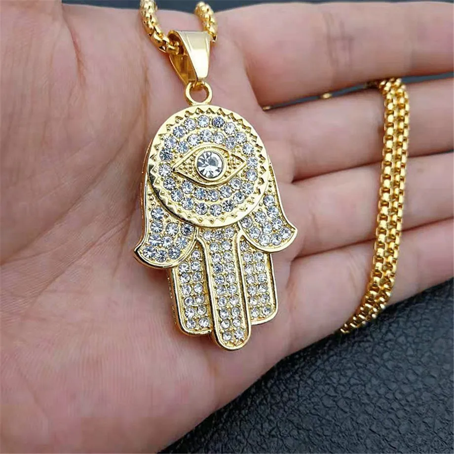 Women's Men's Hamsa Hand of Fatima Necklace Gold Color Stainless Steel Iced Out Evil Eye Pendant & Chain Hip Hop Turkish Jewelry