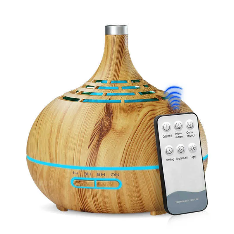 400mlのリモコン超音波の空中加湿器の香りのエッセンシャルオイルのディフューザーの木製穀物7色の変化灯210724