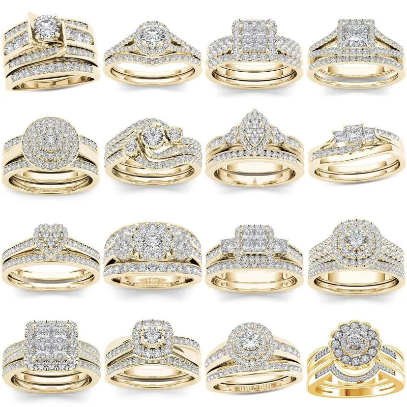 Alianças de casamento 2 pçs conjunto de noiva elegante cristal anel de noivado luxo cor de ouro redondo coração zircão para mulheres joias boho 2021
