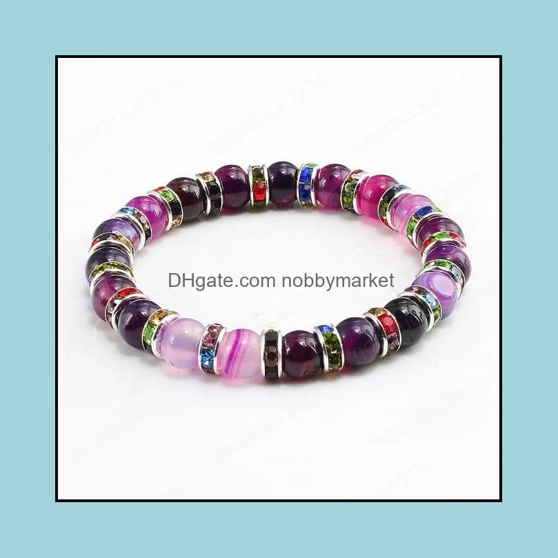 Beaded, Strands Bracelets Jewelry Fashion Natural Stone Bracelet Charm Women Color Crystal Rhinestone Purple Agates Beads Bangles Elastic Dr