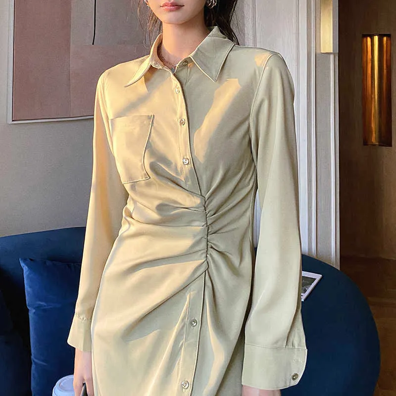 Woman Midi Shirt Dress Fashion Vintage Green Bodycon Sexy Slit Midi Ruched Dresses For Women Party Club Clothes 210602