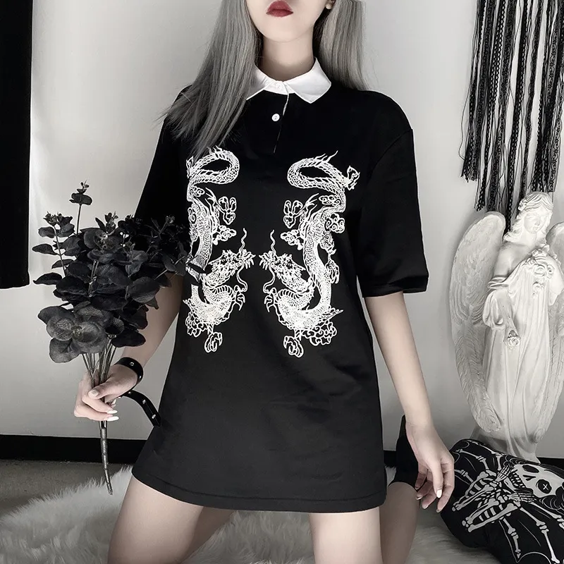 Y2K 고딕 양식의 섹시한 상위 숙녀 여름 중국어 드래곤 프린스 옷깃 반팔 루스 셔츠 블랙 록 210515