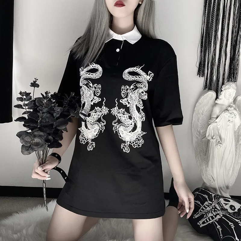 Y2K Gothic Sexy Top Ladies Summer Chinese Dragon Print Lapel Short Sleeve Loose Shirt Black Rock 210515