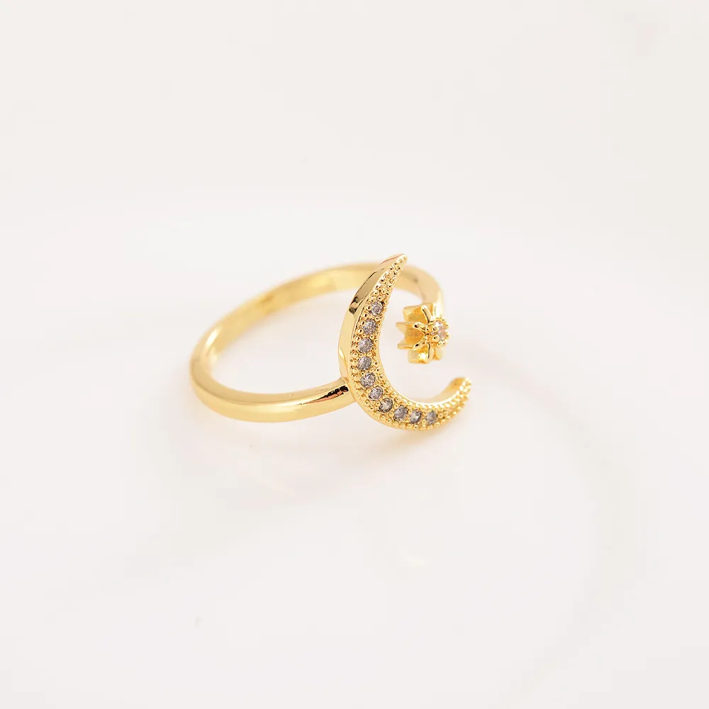 Anelli romantici di moda Minimalista CZ Moon Star Opening 18 K KT Fine Anello in oro massiccio riempito Gioielli da donna affascinanti per feste Carino