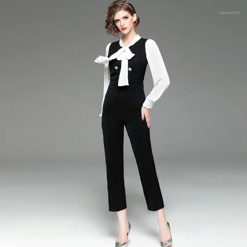 Women's Jumpsuits & Rompers Runway Designer Bow Collar Long Sleeves Color Block Patchwork Fashion Work Suit