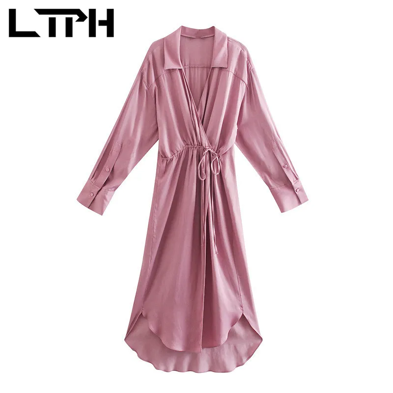 Mittellanges rosa Hemdkleid für Damen, Kordelzug, Schnürung, Vintage-Satin-Kleider, lange Ärmel, elegante Robe mit großem Saum, Frühling 210427