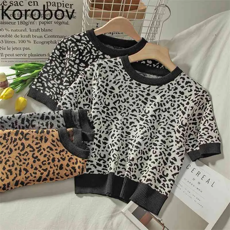 Korobov Vintage Leopard Women Jumper Femme Coreano Maglioni manica corta Autunno Inverno Short Sexy Sueter Mujer 210430