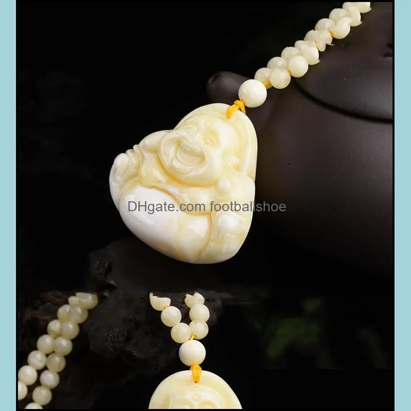 White Beeswax Pendant Maitreya Buddha Sweater Chain Bone China Amber Necklace for Men and Women Charms
