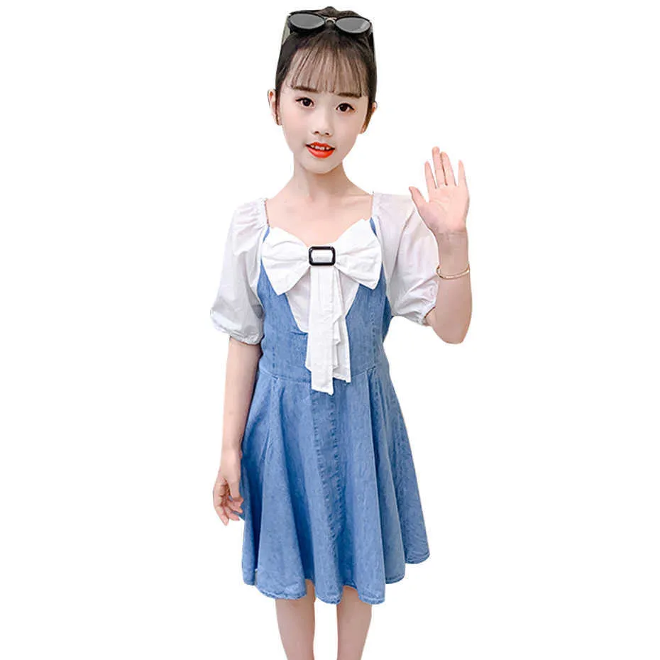 Dzieci Dżinsowe Suknie Dla Dziewczyn Big Bow Girl Patchwork Summer Casual Style Costume 210528