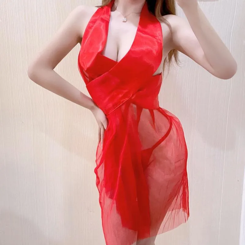 Casual Dresses WOMENGAGA Nightclub Women Sexy Low Cut Backless V-neck Red Mesh Lace Mini Dress Tank Spring Fashion Korean Home Top 1SFE