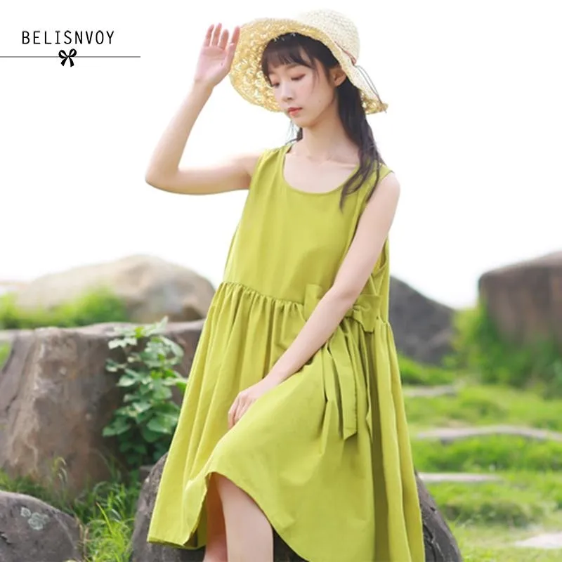 Mori fille débardeur robe jaune Fluorescent été robe d'été femmes sans manches gilet lâche coton robes arc Vestidos 210520