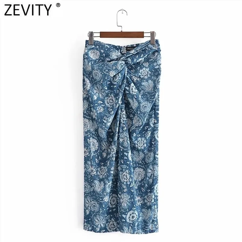 Zevity Women Vintage Totem Floral Print Knotted Design Split A Line Skirt Faldas Mujer Female Back Zipper Summer Vestidos QUN764 210730