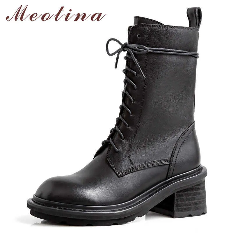 Meotina Herbst Motorradstiefel Frauen Natürliche Echte Leder Starke High Heel Mittlere Waden Stiefel Reißverschluss Runde Kappe Schuhe Damen 34-39 210608