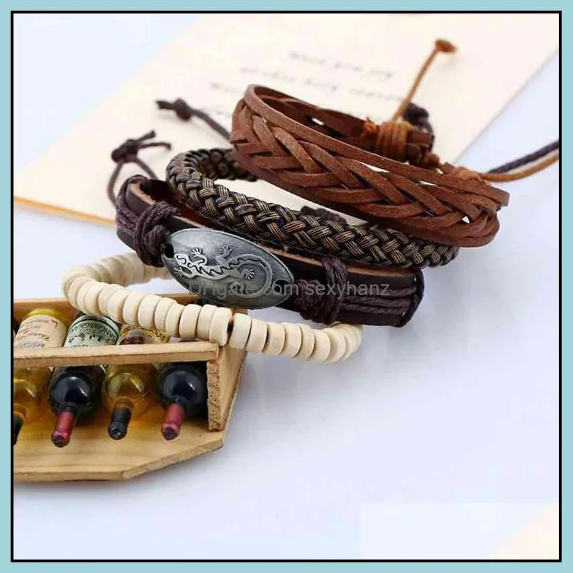 Bracelets bracelet suit Simple DIY woven cowhide punk men`s hemp rope leather