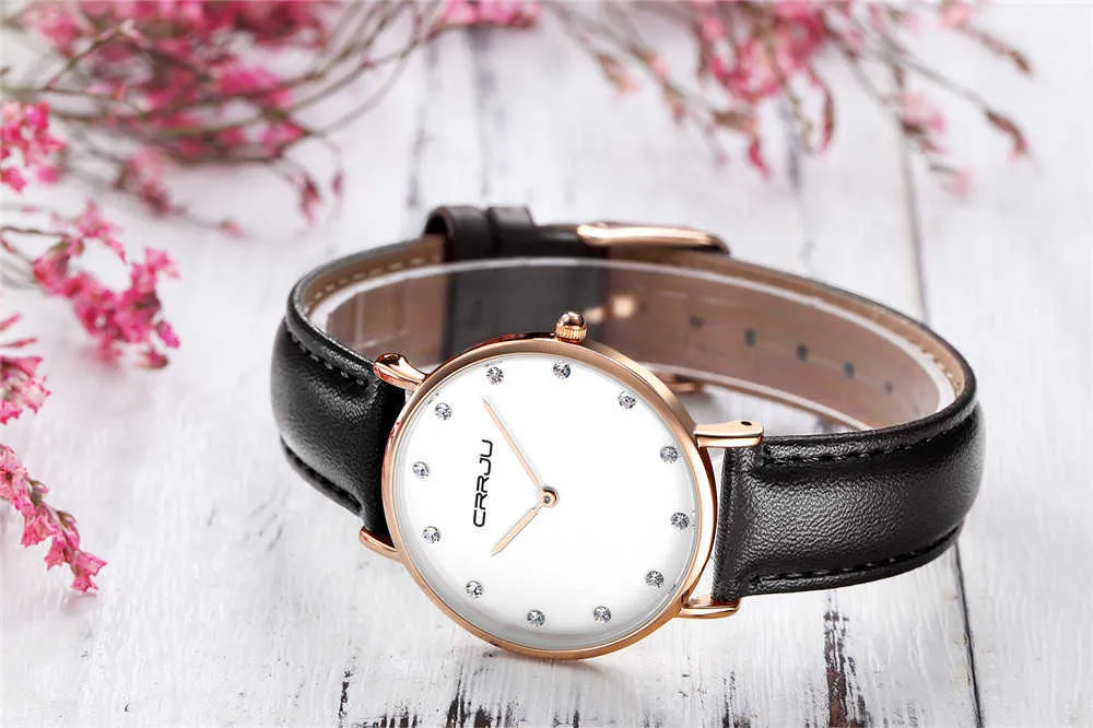 LMJLI - CRRJU Orologio da donna al quarzo con strass di lusso da donna Orologio da polso classico con cinturino in pelle per abito classico ultra-sottile Relogio Feminino