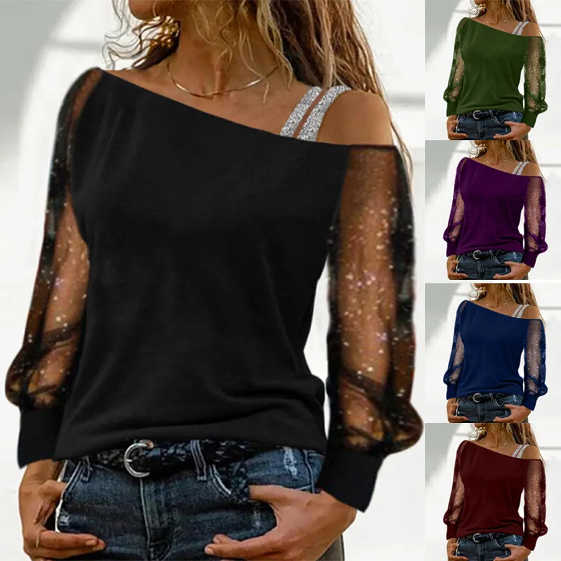 Modekvinna tshirts l￥ng￤rmad solid f￤rg sexig av axel toppar h￶sten casual streetwear t-shirt vintage kvinnor kl￤der