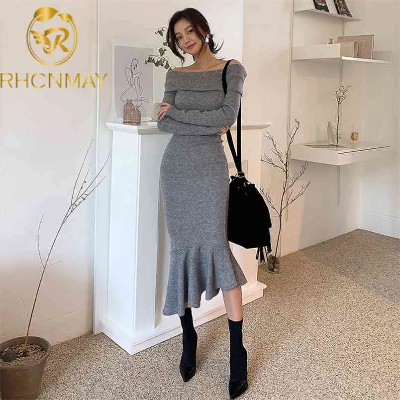 Long Mermaid Dresses: Elegant Gray Knitted Midi Dress With Long