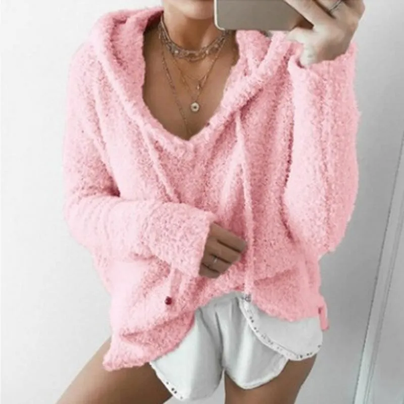 Women's Hoodies & Sweatshirts Women Fluffy Coral Fleece Sweatshirt Hooded Pullover Jumper Blouse Tops