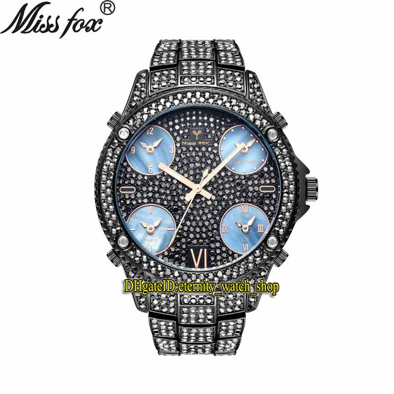 MISSFOX Eternity V305 Hip Hop Moda Erkek Saatler 51mm CZ Elmas Kakma Çok Arama Kuvars Hareketi Erkekler İzle Buzlu Diamonds Çerçeve Alaşım Kılıf Siyah Bilezik