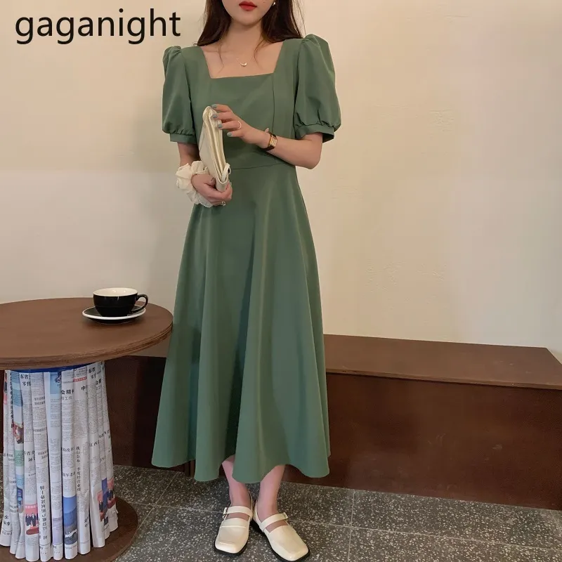 Gaganight Style français Summer Femmes Solide A-Line Robe de soirée Eleagnt Puff Sleeve Robe longue Vintage Col carré Dames Robe 210519