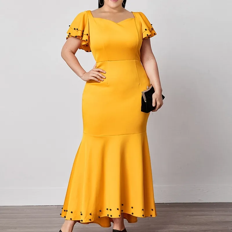 Robe de sirène de taille plus 5XL 4XL pour femmes longue mince jaune taille haute perles manches courtes fête d'anniversaire date de mode robe 210527