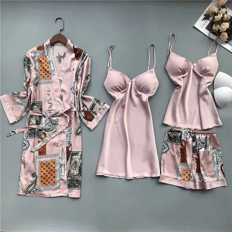 Frühling und Herbst Pyjamas Frauen Brust Pad Nachthemd Strap Seide Nachthemd 4 Stück Set Tops Langarm Pijama Mujer Sexy dessous Q0706