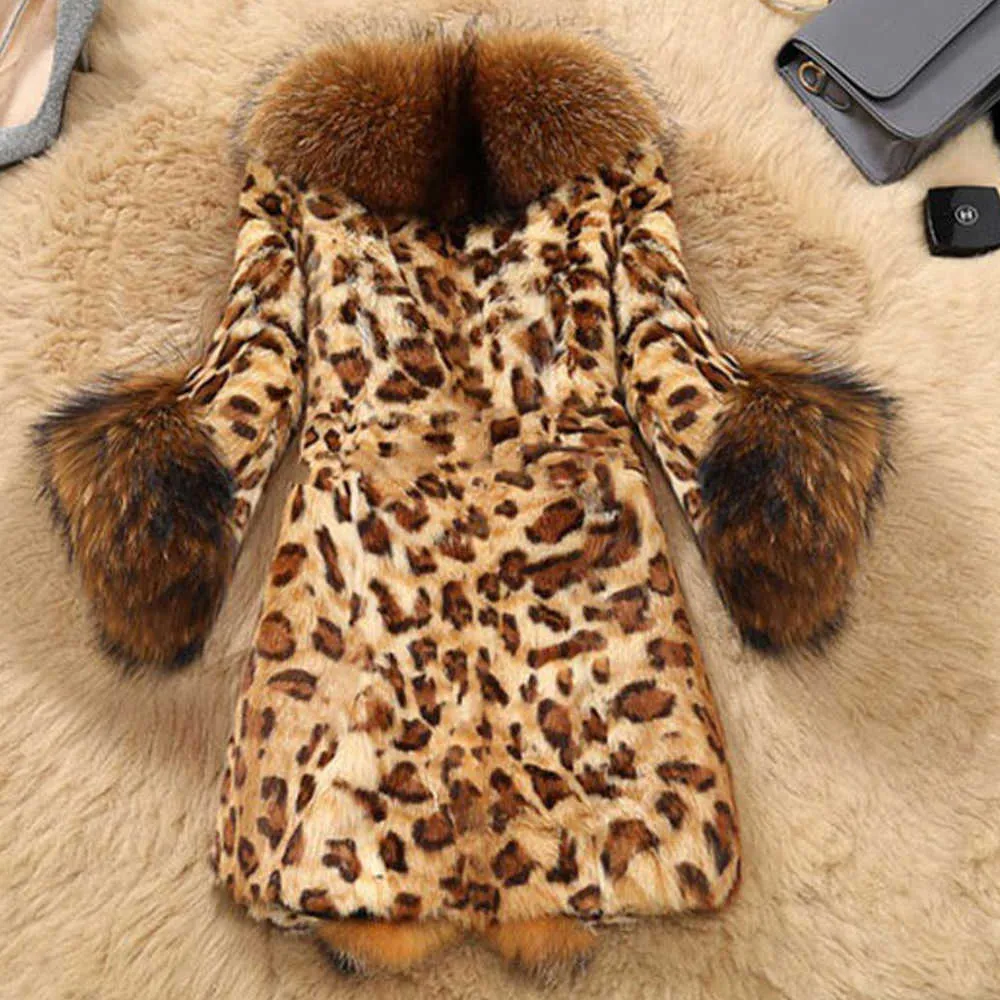 Winter Faux Fur Womens Leopard print coat Plus Size Raccoon Dog Fur Warm Women luxury coats Women loose long sleeve Elegant coat Y0829