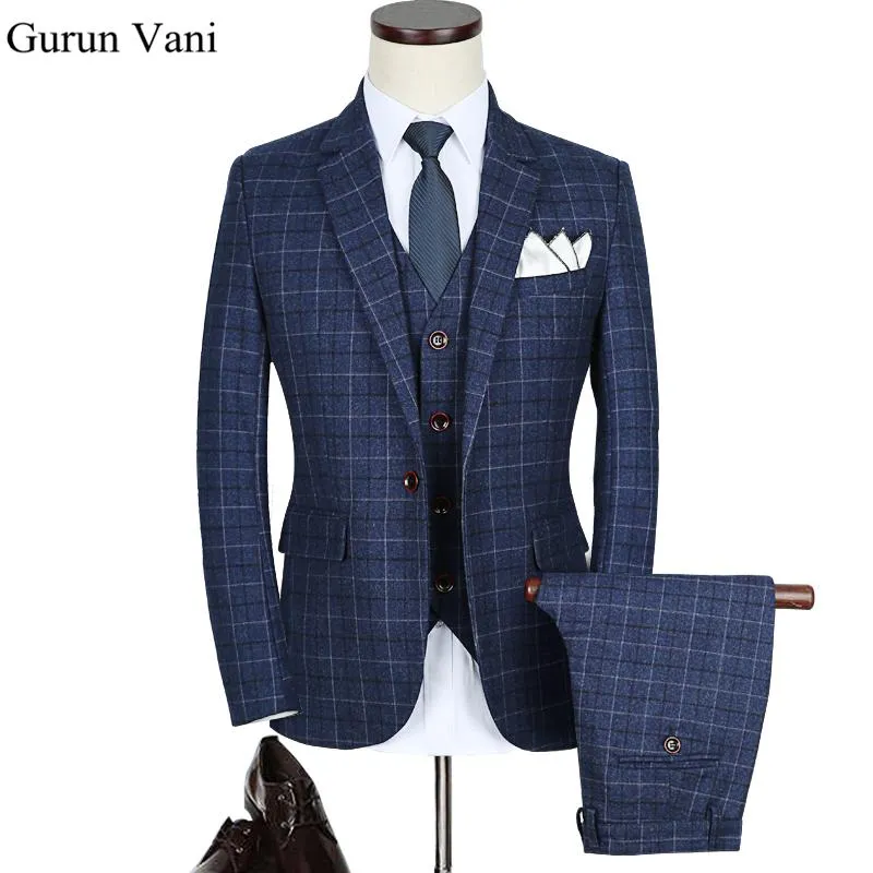 Blue Plaid Suits Herringbone Retro Gentleman Style Custom Made skräddarsy Blazer för män 3 Piece235L