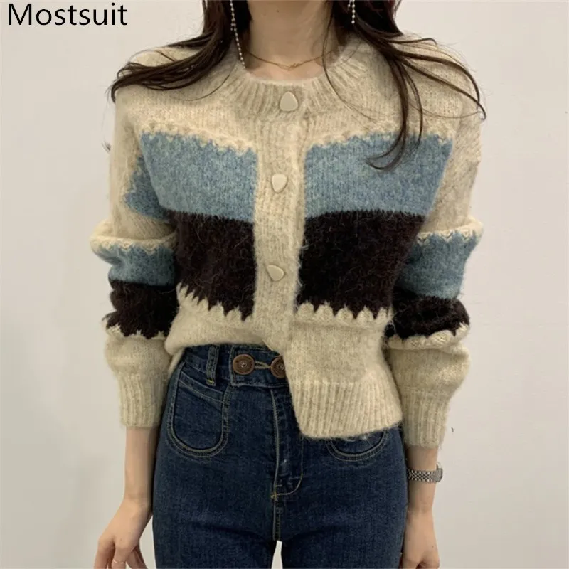 Farbblockierte gestrickte Frauen-Cardigan-Tops Frühling volle Hülse O-Ausschnitt Einreiher koreanische Vintage-weibliche Pullover-Pullover 210514