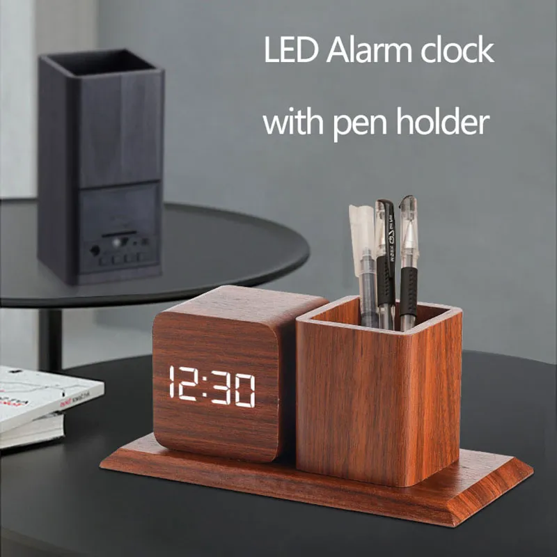 Desk Electronic Alarm Clock Wood Table LED Digital Alarm Clocks With Pen Holder Sound Sensitive Silent Home Studyroom Decoration ZL0344