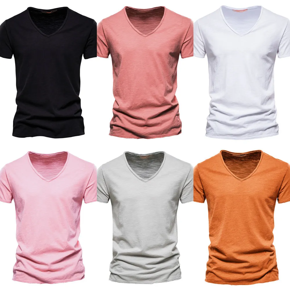 Brand Quality 100% Cotton Men T-shirt V-neck Fashion Design Slim Fit Soild T-shirts Male Tops Tees Short Sleeve T Shirt For Men X0726