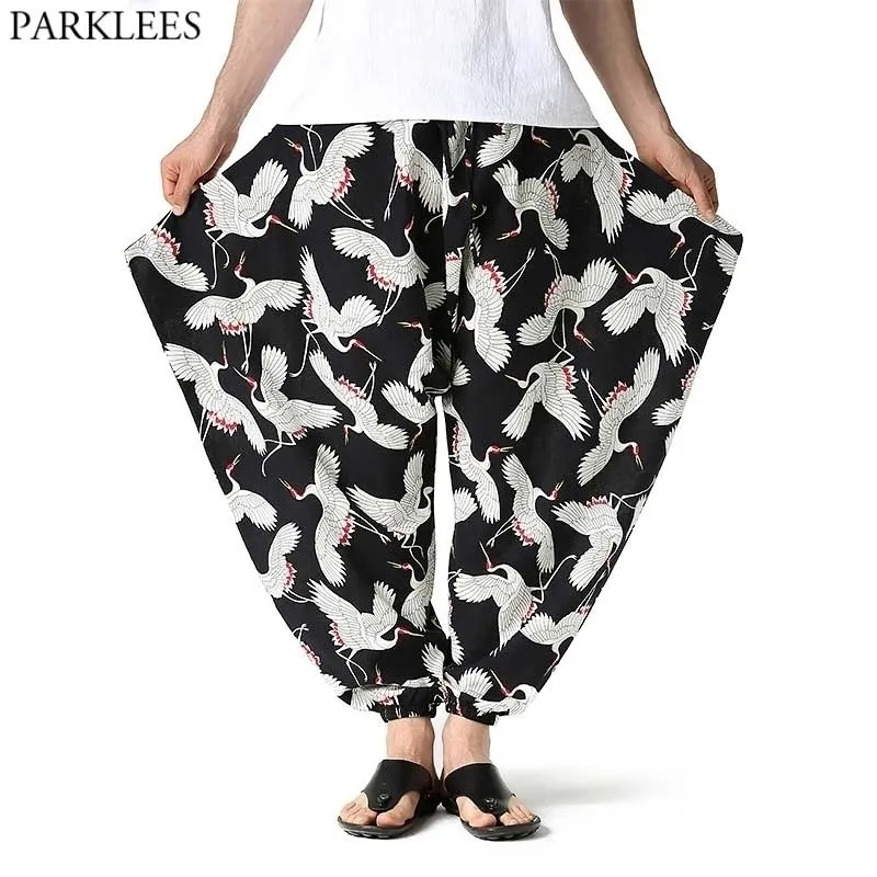 Stylowy Ptak Print Bawełniany Harem Yoga Baggy Genie Boho Spodnie Mężczyźni Kobiety Casual Baggy Gypsy Hippie Drop Crotch Jogging Spodnie 3XL 210522