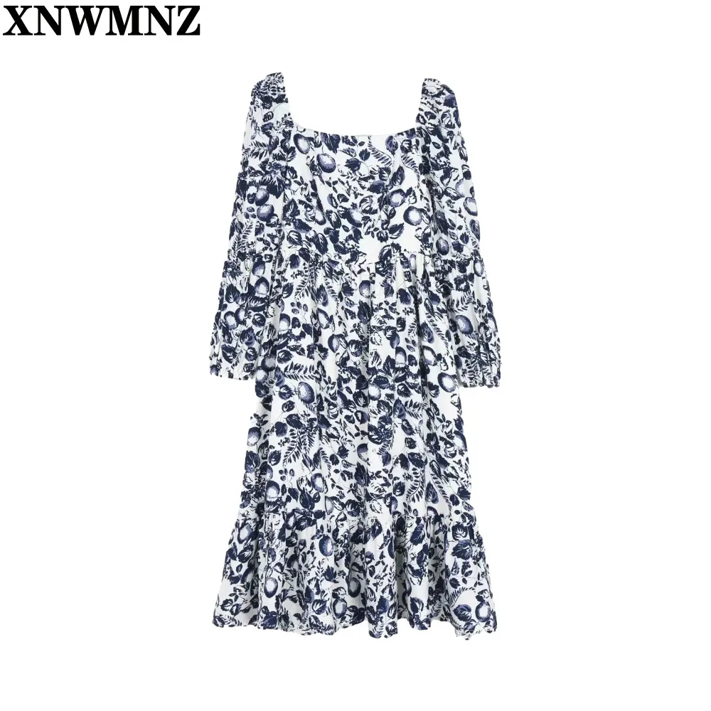 Vestido feminino Roupas estéticas Vintage Macio Macio Manga Longa Boho Floral Impressão Midi Vestido Mulheres Quadrado Collar Vestidos Femme Robe 210510