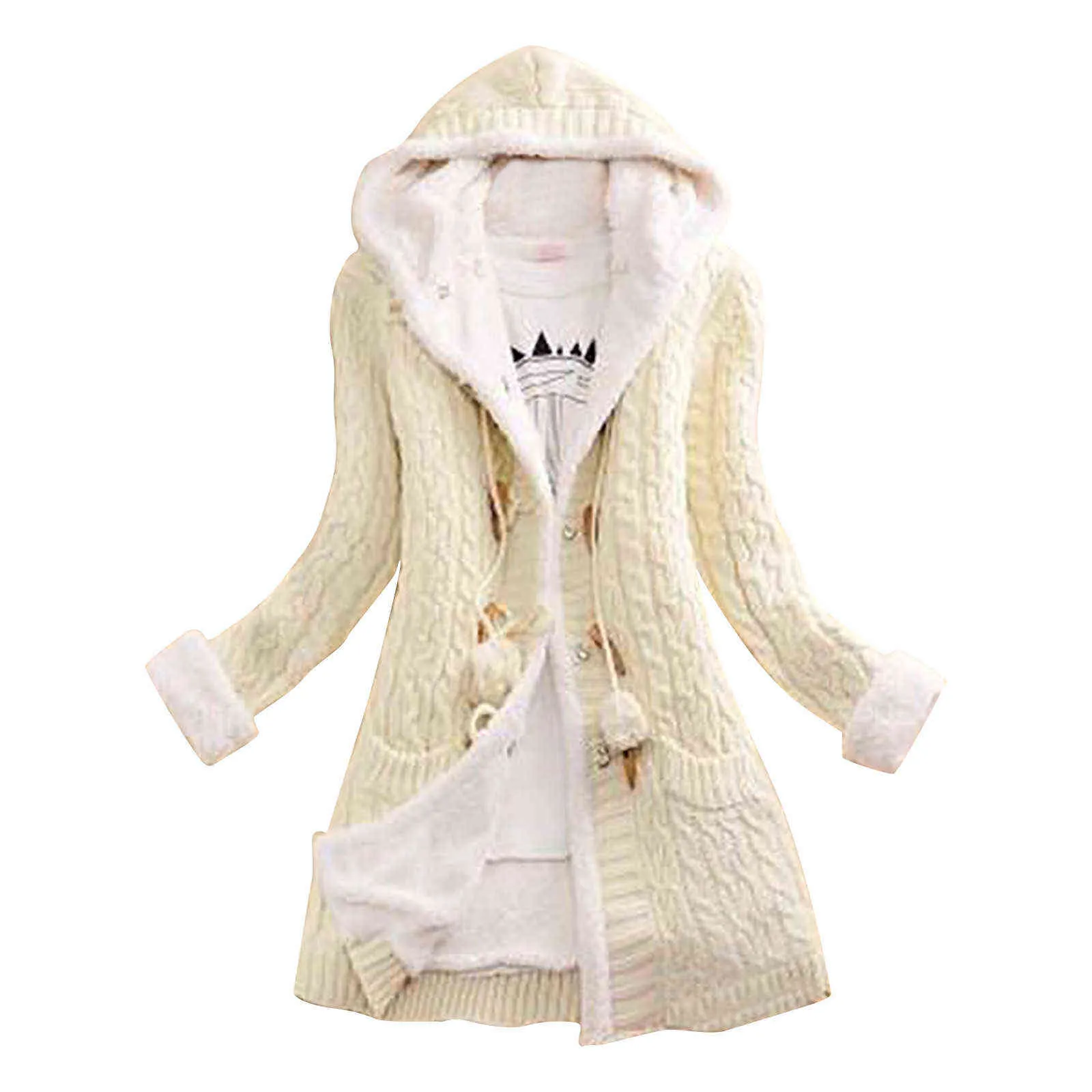 Lady Winter Hooded Fleece Liner Cardigan Knitted Sweater Coat