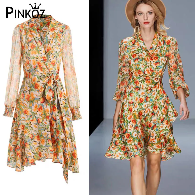 Runway Designer Estilo Floral Impresso V-Neck Elegante Praia Casual Mini Vestido Amarelo Flor ASimétrica Dreees com Cinto 210421