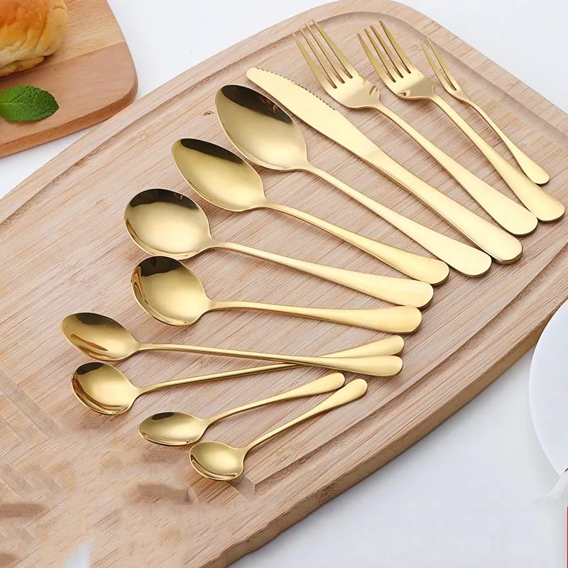 Spoons Stainless Steel Golden Knife Fork Spoon Set Long Handle Mixing Fruit Dessert Coffee Steak Decoration Crafts