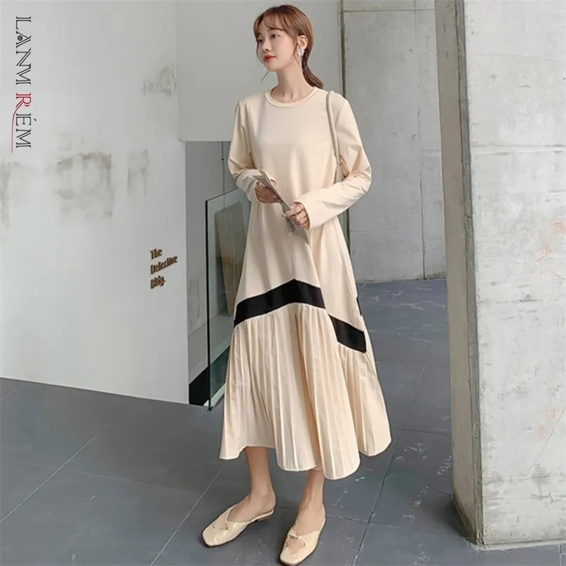 Frühlingslinienmuster, plissiert, Rundhalsausschnitt, kurze Ärmel, koreanischer Stil, lässig, mittellanges Kleid für Frauen 2A3009 210526