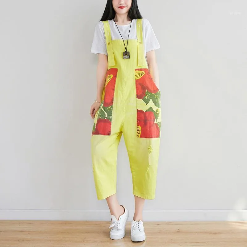 Kvinnors Jumpsuits Rompers Suspender Jumpsuit Ripped Jeans Designer Patch Kvinnor Dungarees One Piece Pants Loose Strap Overaller Yellow Summe