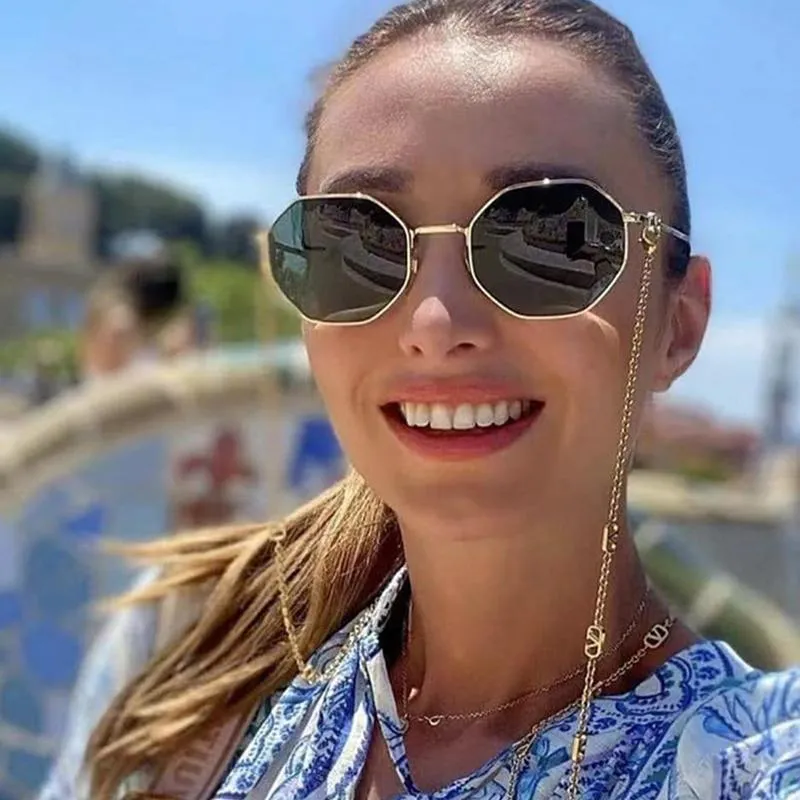 Okulary przeciwsłoneczne Retro Alloy wielokąt okrągły kobiety luksusowe 2021 mężczyźni marka projektant małe Punk okulary przeciwsłoneczne odcienie z łańcuchem V smycz
