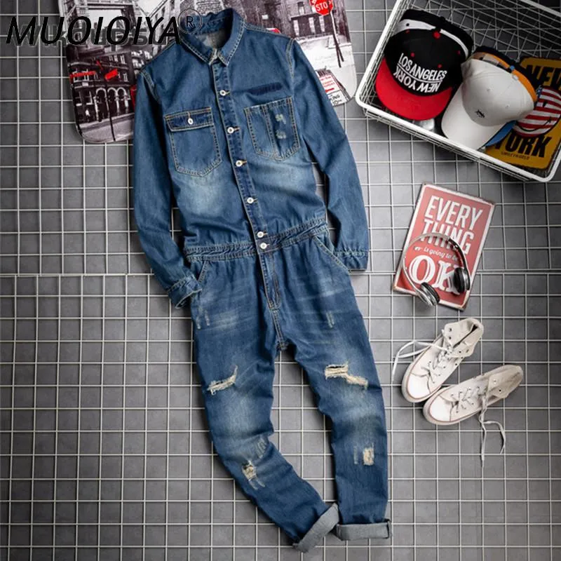 Heren jeans mannen mode gescheurd jumpsuit casual denim lange mouw jumpsuits overalls jarretelle broek mannelijke hiphop streetwear kleding