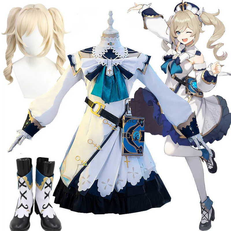 NUOVO Anime Genshin Impact Barbara Costume Cosplay Scarpe Parrucche Uniforme Outfit Donna Gioco Halloween Party Dress Set completo Y0903
