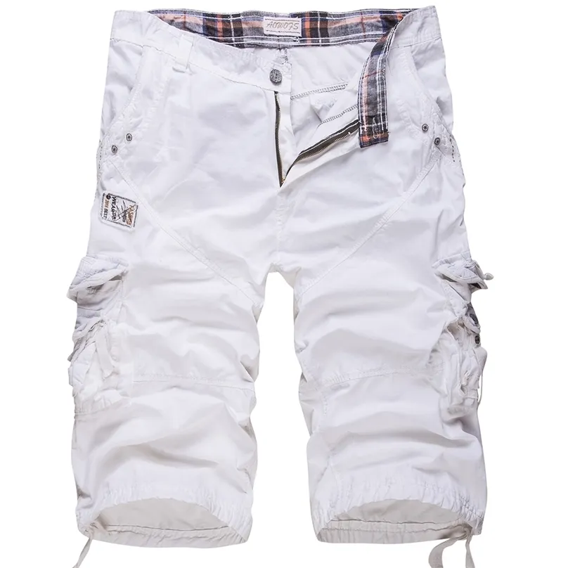 lâche grande taille short cargo coton hommes tactique décontracté couleur unie patchwork militaire blanc longueur genou 220301