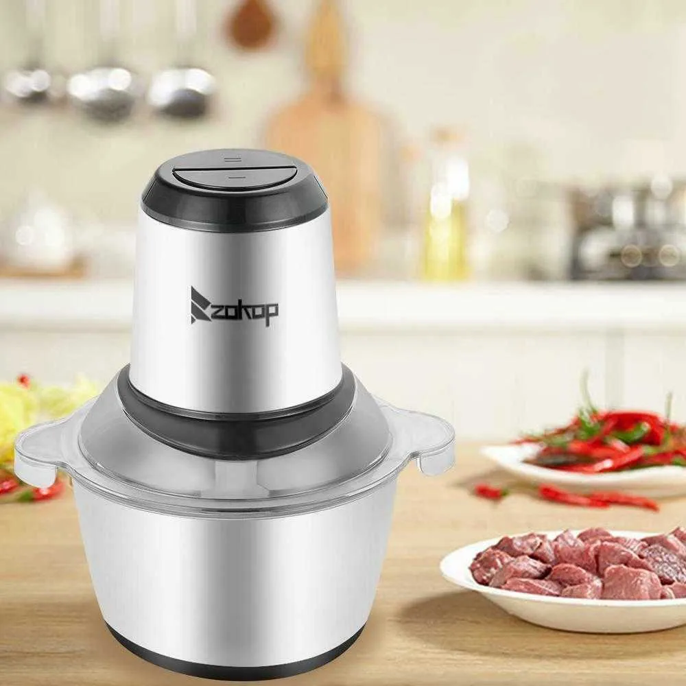 ZOKOP 2L Food Chopper Tritacarne Processore Elettrico Frullatore Tritacarne Acciaio Inox 210706