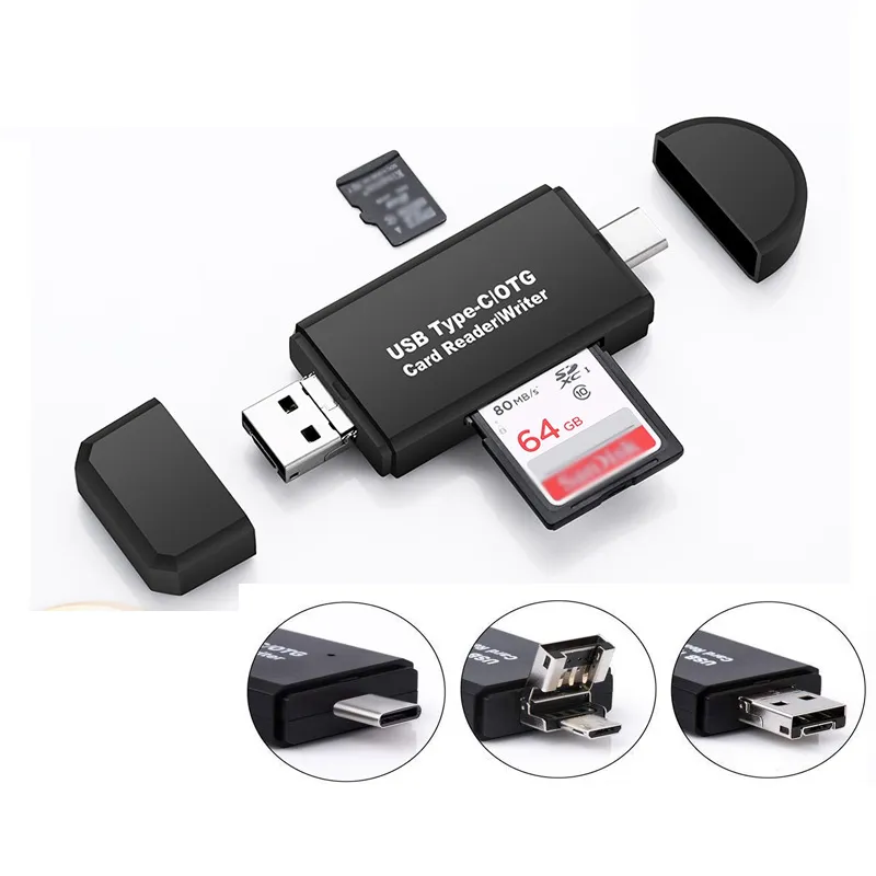 Micro SD / TF-geheugenkaartlezer 3-in-1 USB 2.0 Type C-kaartlezer OTG-adapter voor PC Laptop / Smart Phone Tablet XBJK2105